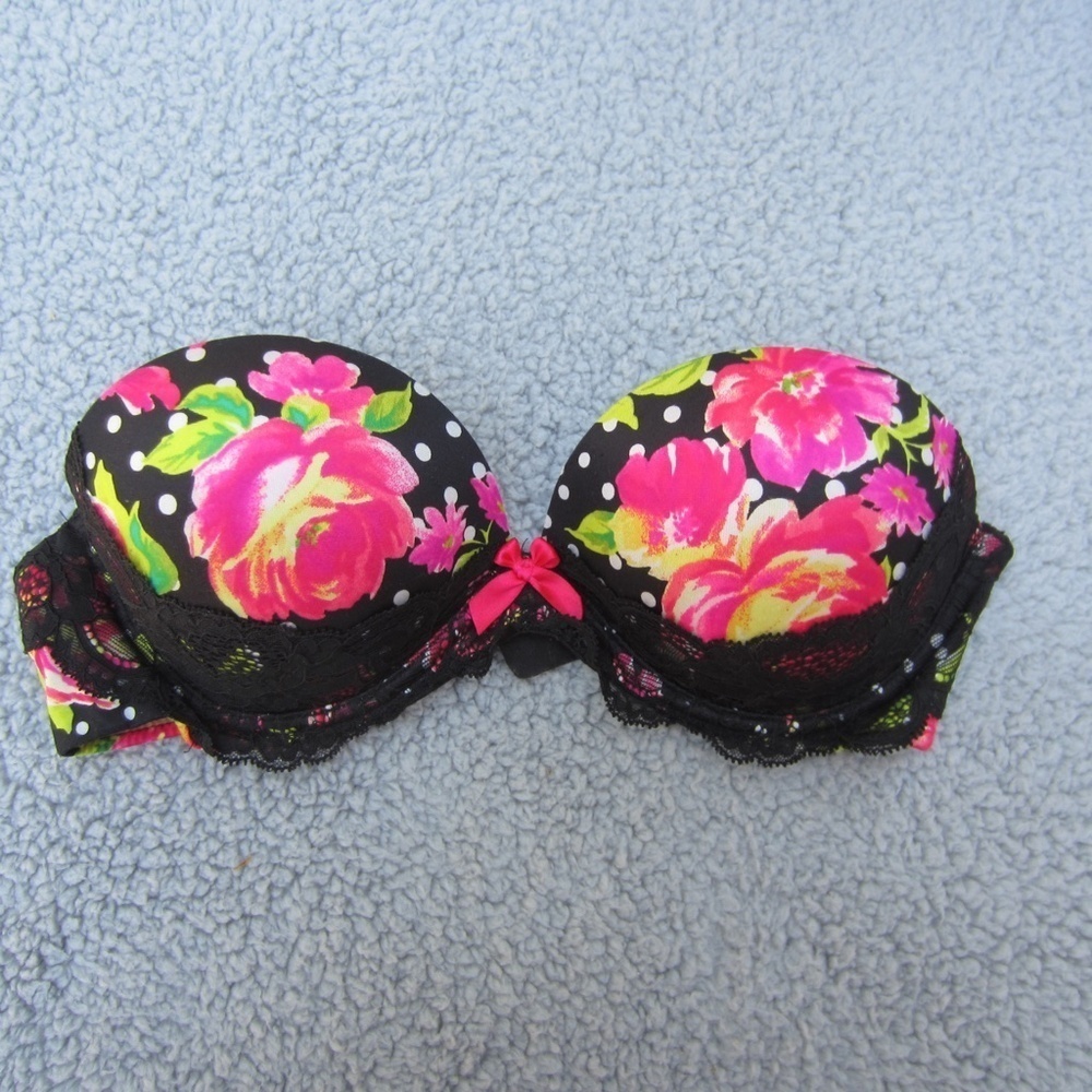 Victoria Secret Very Sexy Strapless Bra, 34B Black‎ Lace Red Floral Polyester